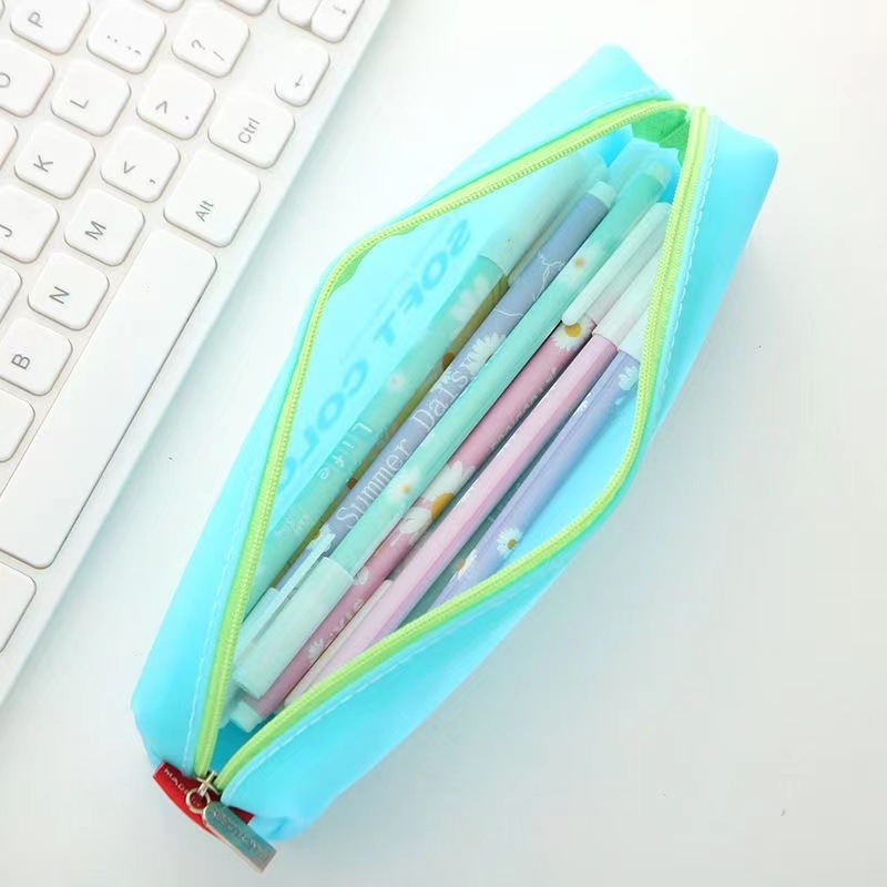 Korean candy-colored pen case factory direct sales, jelly glue, cute girls, large-capacity color-blocking sweet stationery bag storage Item Picture