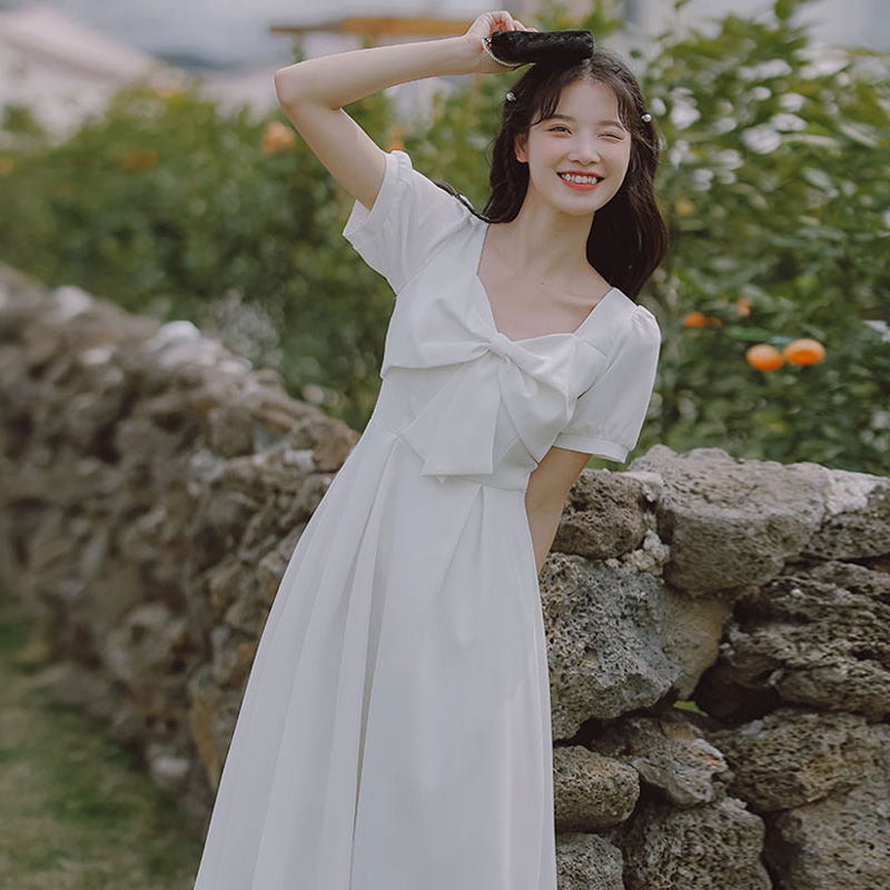 小清新甜美初恋夏季2022新款法式气质白色连衣裙小个子礼服小白裙图