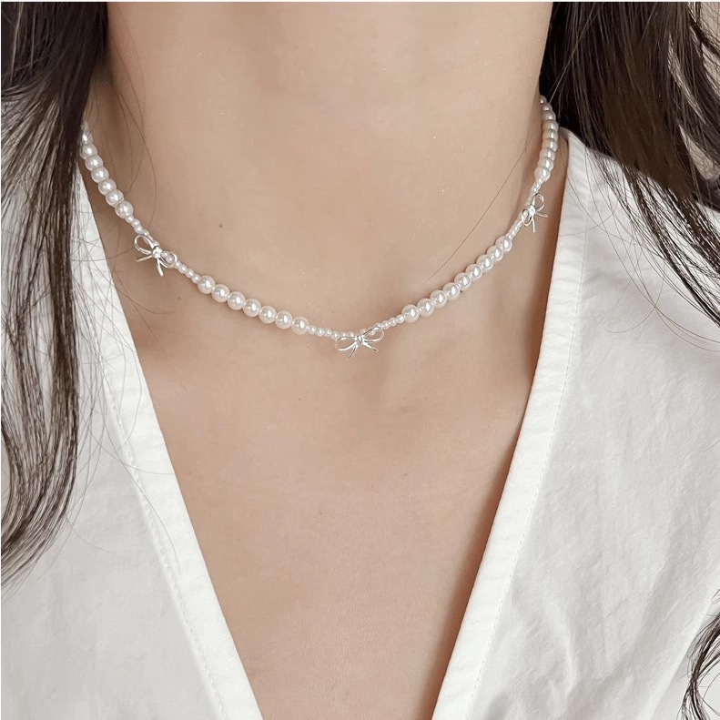 Shi Family Pearl Bow pearl necklace, light luxury, niche design sense, high-end collarbone chain pearl necklace bracelet