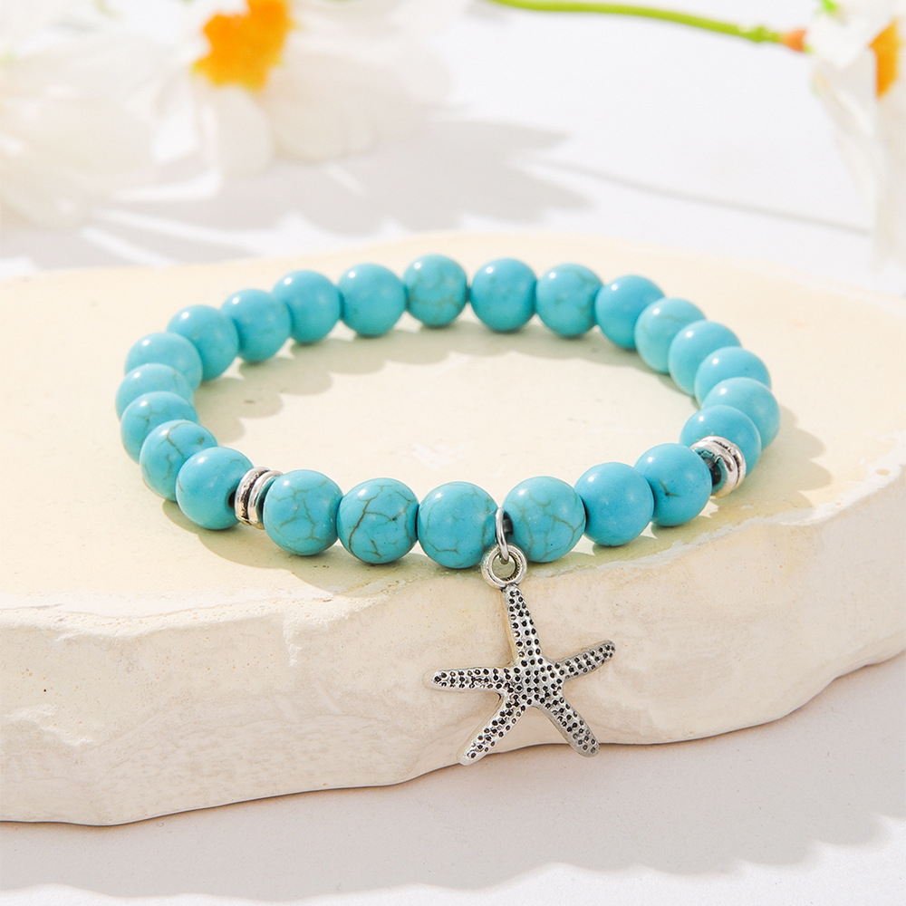 Europe And The United States Cross-Border Foreign Trade Sales Of New Fashion Women's Cross Butterfly Life Tree Leaves Turtle Pendant Turquoise Bead Elastic Bracelet Couple Bracelet Gift Manufacturers Wholesale details Picture
