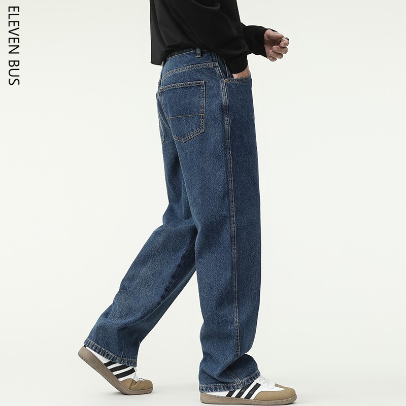 New autumn and winter collection of dark blue Korean-style washed jeans for men, straight-leg loose wide-leg men's long pants details Picture