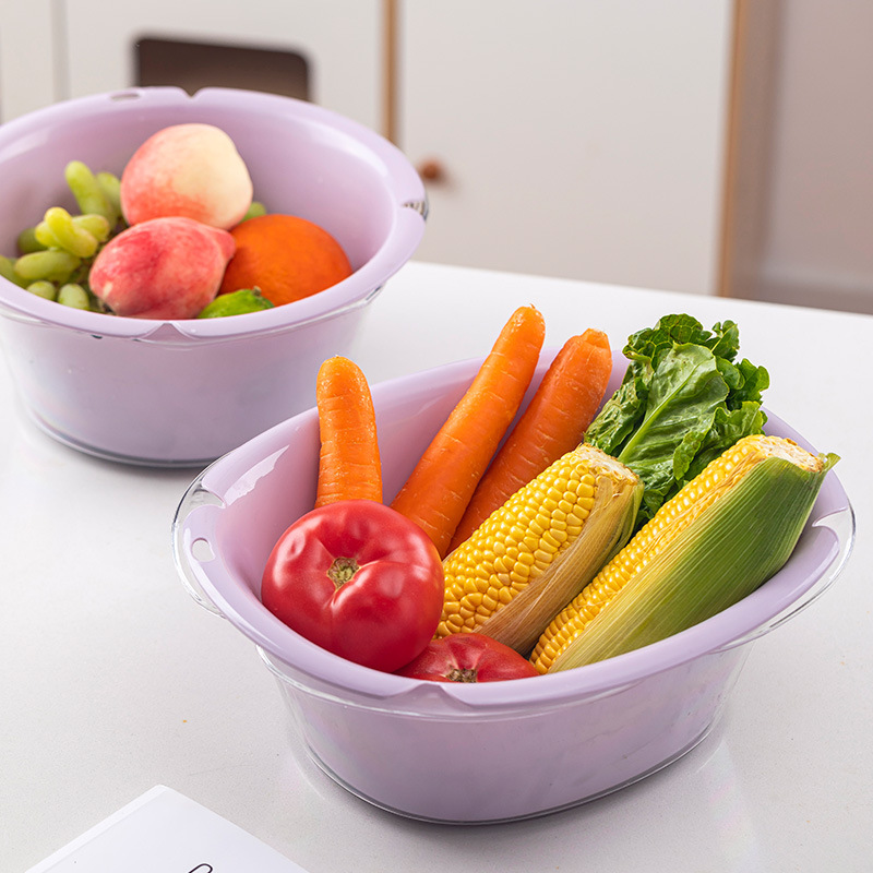 Plastic double-layer draining basket, leaky basin, rice-washing magic tool, vegetable basket, vegetable washing basin, household kitchen, fruit washing plate details Picture