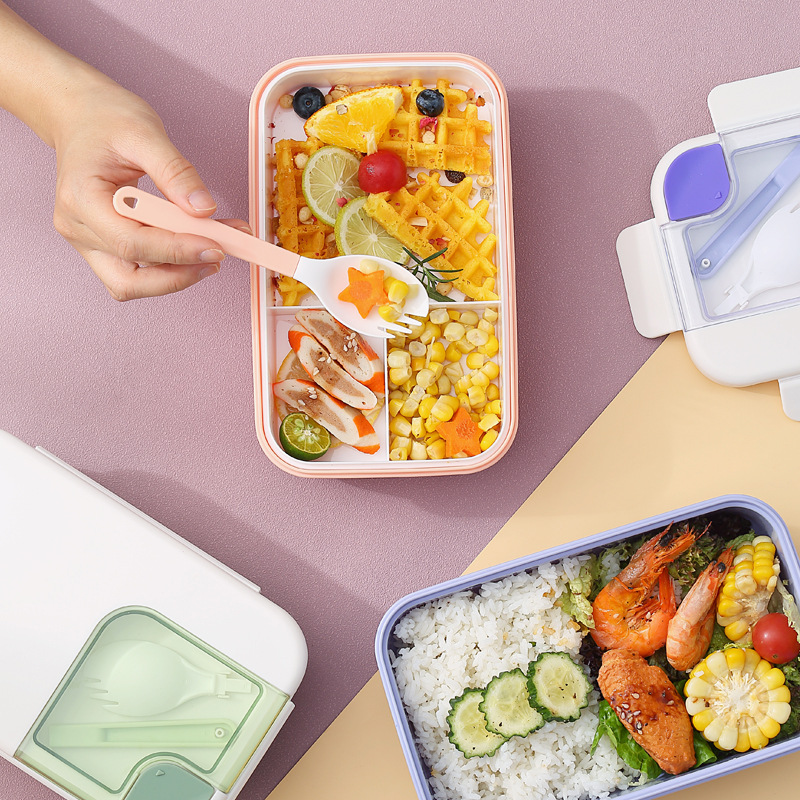 Caja de almuerzo rectangular de doble capa con cuatro botones de plástico microondas caja de almuerzo para estudiantes los trabajadores de oficina llevan utensilios caja de almuerzo Application Scenario