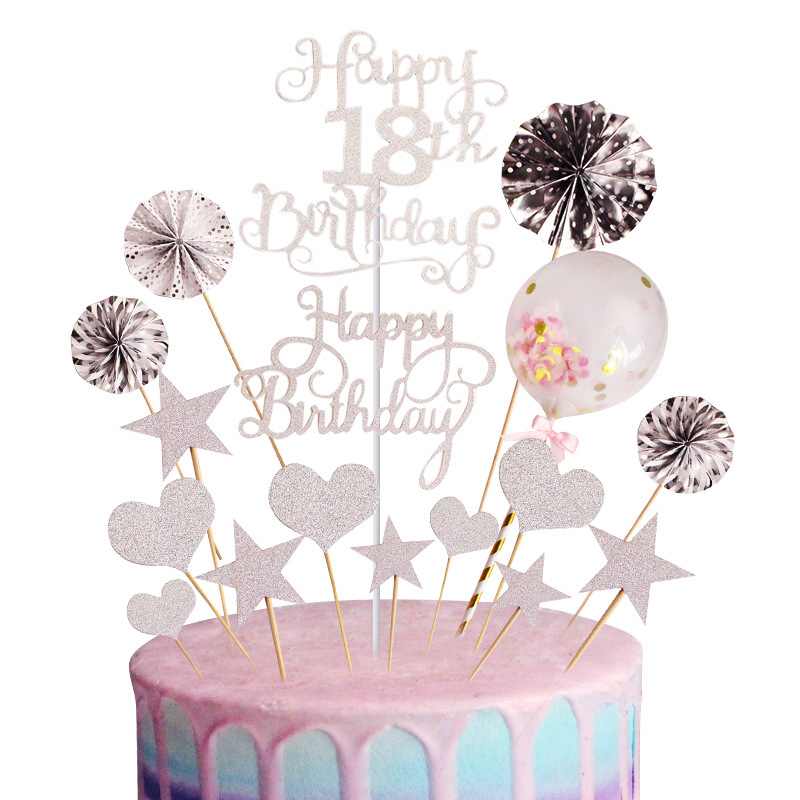 亚马逊跨境 可定制数字18生日快乐蛋糕装饰插件插牌纸扇气球套装详情图5