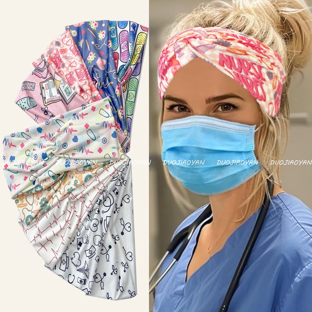 Cross-border new medical care series hair band, printed headscarf, sports hair band, cross wide edge fashionable hair tie full figure