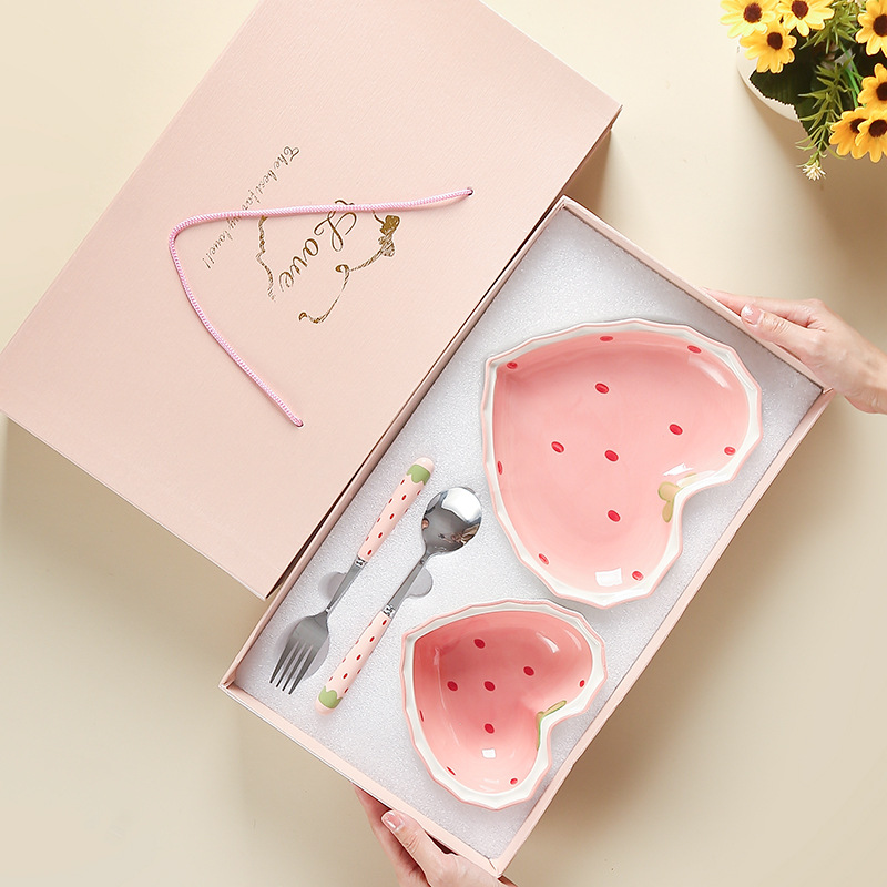 【天地盖】草莓碗星星勺陶瓷碗勺套装粉色中式釉下彩餐具套装叉勺