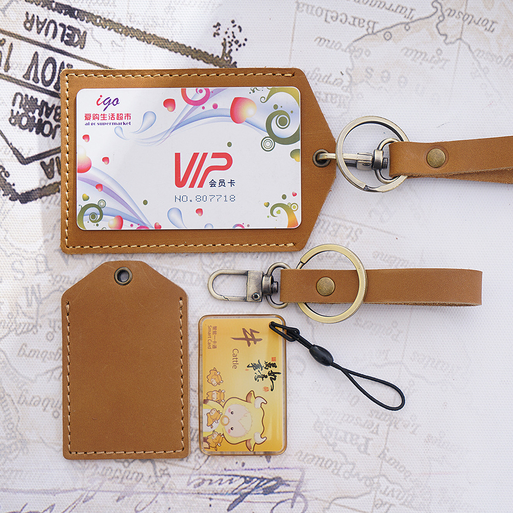Genuine leather access control card top layer, cowhide bus card case, student campus ICID one-card keychain sensor protection case Specification image