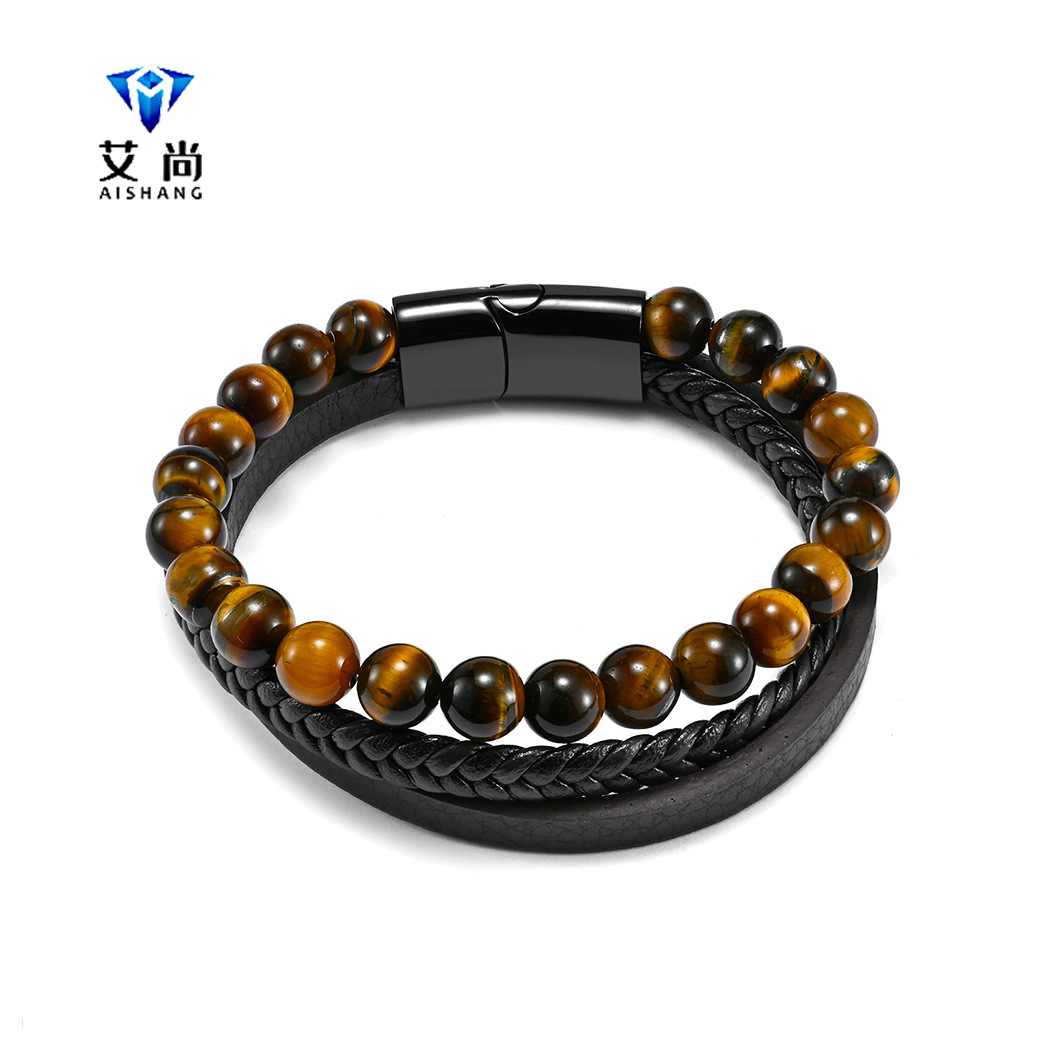 Europe And The United States Hot Titanium Steel Men's Multi-Layer Volcanic Stone Woven Leather Bracelet Creative Tiger Eye Stone Personality Magnetic Buckle Bracelet
