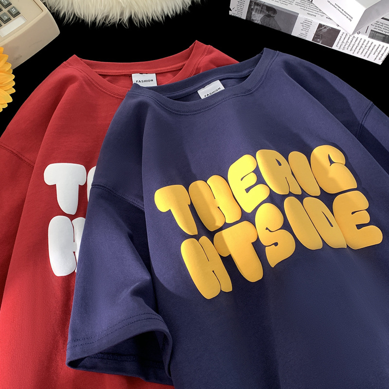 Hong Kong-style summer foamed letter short-sleeved T-shirt, loose and heavy 260-gram, American style versatile half-sleeved with trendy print for both men and women details Picture