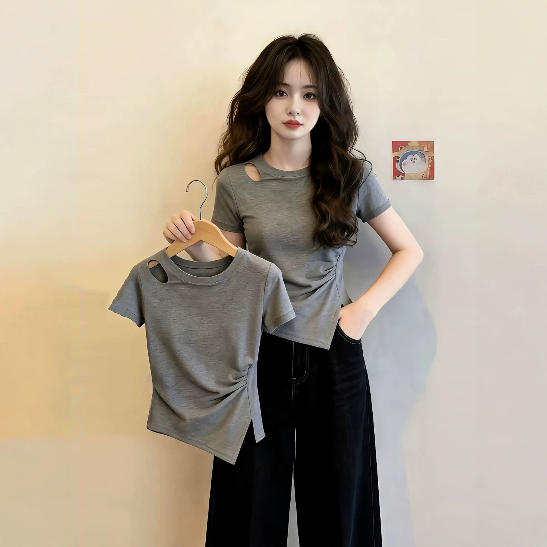 Grey pleated and hollowed-out off-the-shoulder short-sleeved T-shirt for women 2026 summer new style women's waist-cut slit slimming top A11
