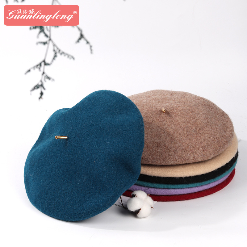 New Autumn And Winter Styles: Small Gold Label Beret For Women, Korean Large-Sized Wool Hat, British Painter Hat, Japanese Bud Hat