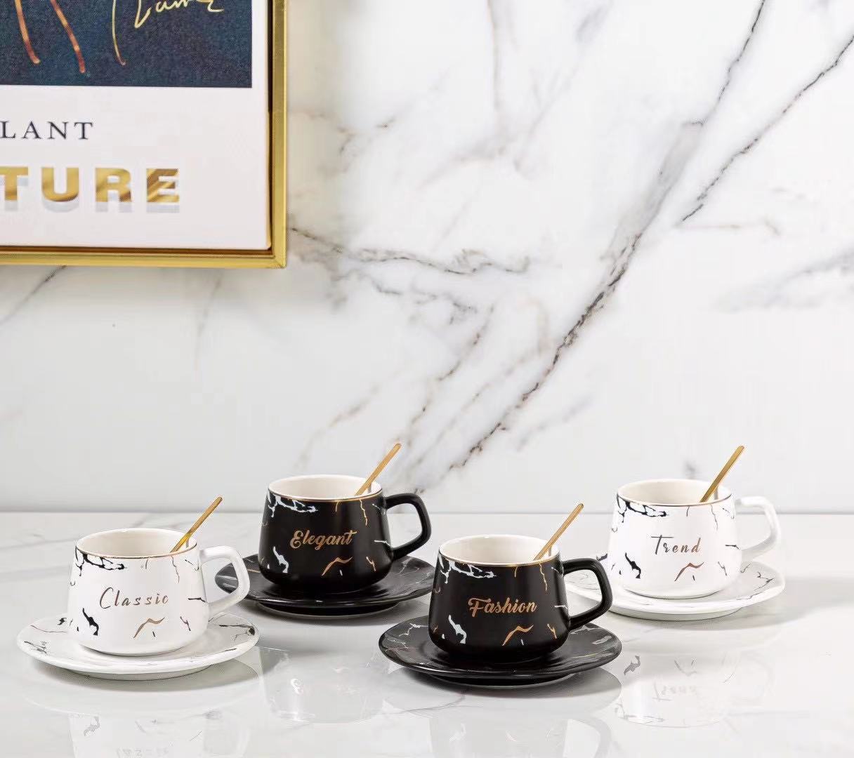 Exquisite marble-patterned coffee cups, ceramic cup and saucer sets, European-style couple black and white coffee cups, cross-border one-piece consignment Application Scenario