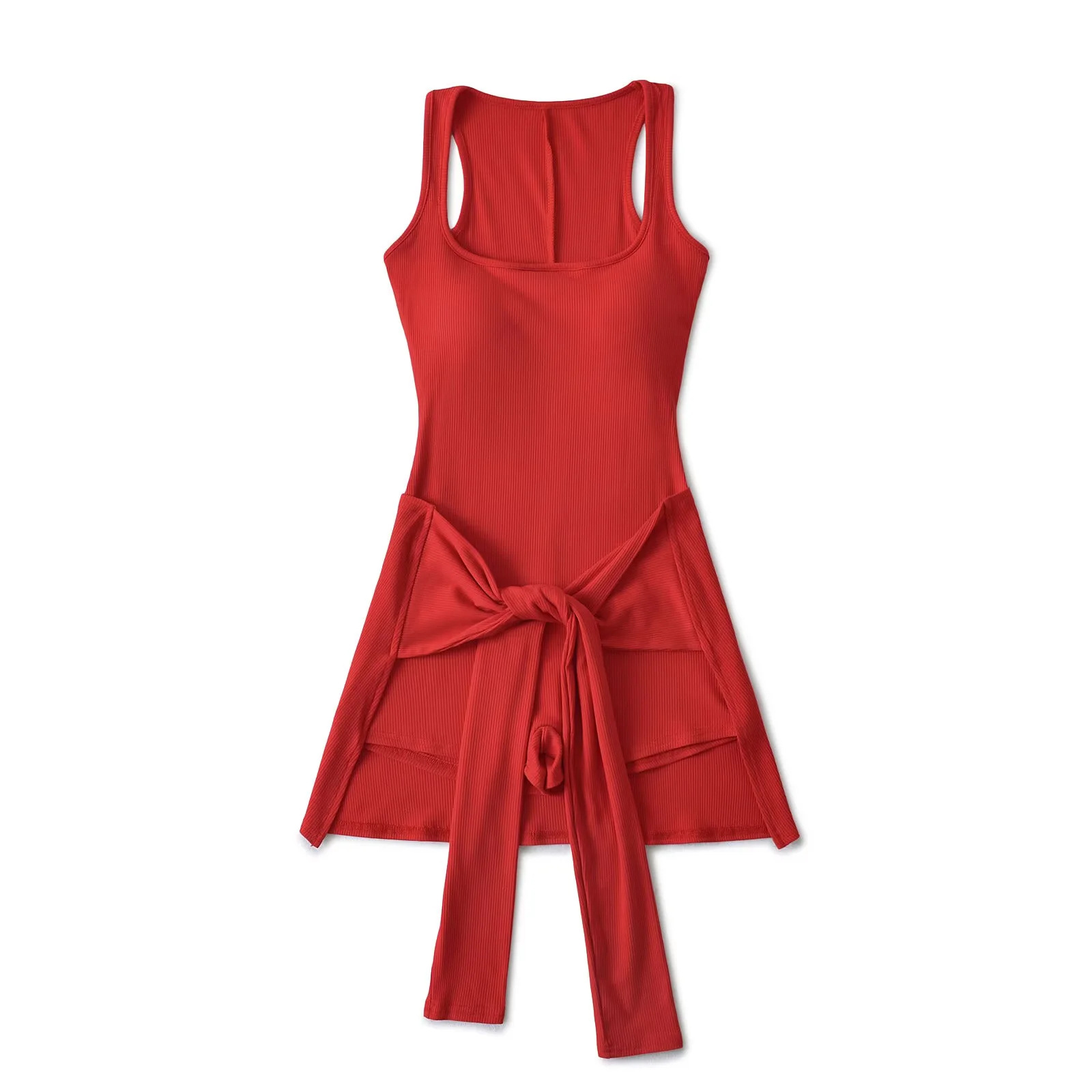 American hot girl square-neck waist-tied halter jumpsuit, women's summer waist-cinched I-shaped vest, one-piece short dress Item Picture