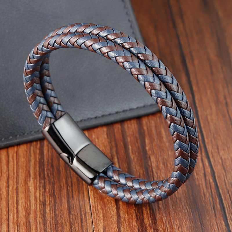 Europe And The United States Explosive Stainless Steel Leather Bracelet Men's Black Magnet Buckle Microfiber Leather Braided Stainless Steel Bracelet