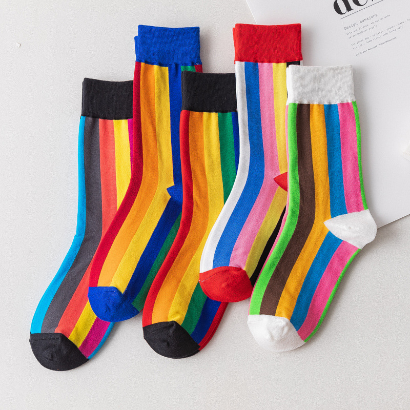 Rainbow mid-high socks, women's trendy socks, ins autumn and winter color-striped couple long socks, candy socks, one-piece consignment