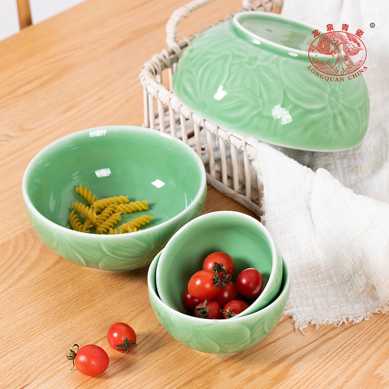 Longquan celadon household rice bowl tableware, ceramic Chinese-style thickened anti-scald bowls, single small and thin rice bowls wholesale Specification image