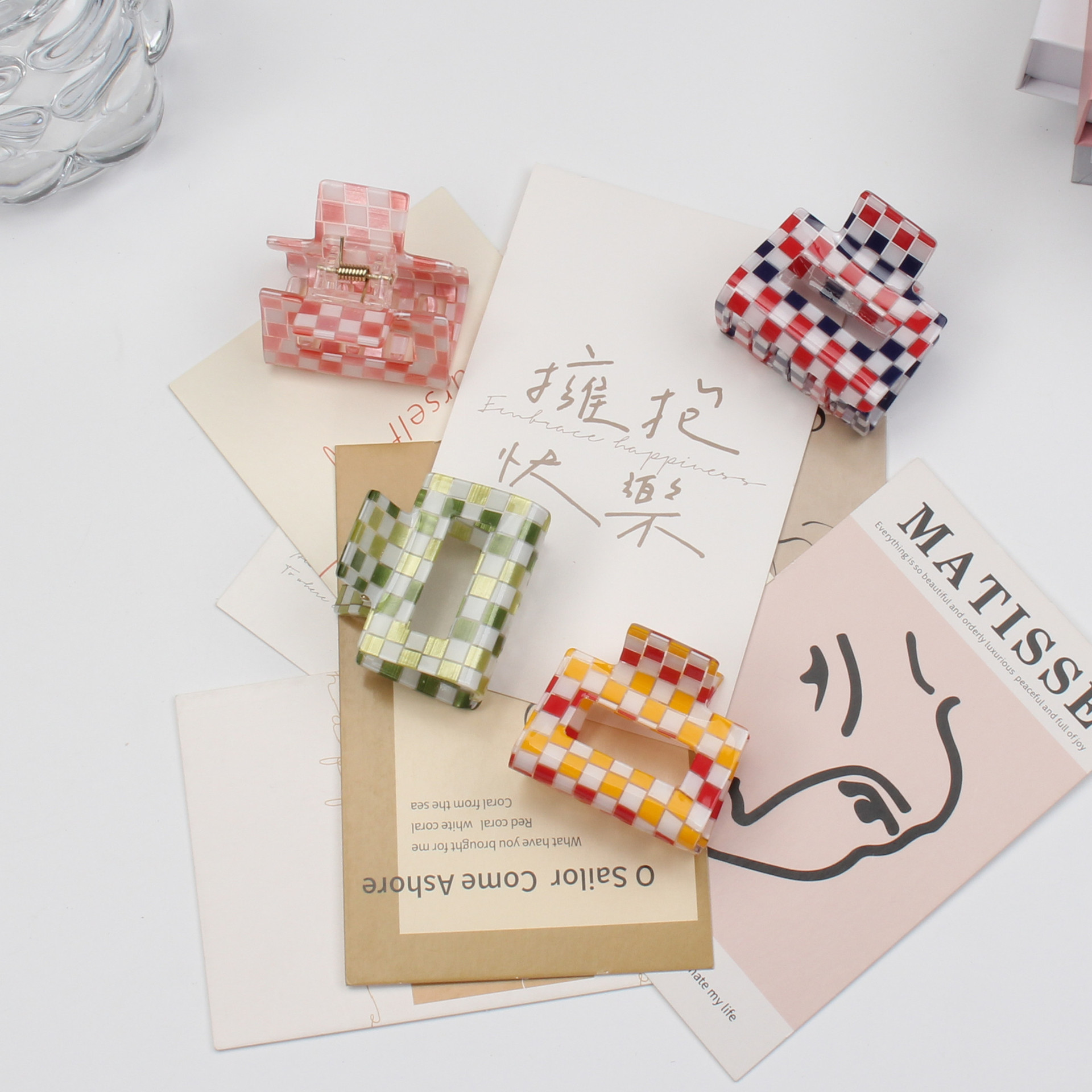 Korean Vintage Checkered Temperament Checkered Square Clip Small Acrylic Pan Hair Clip Specification drawing
