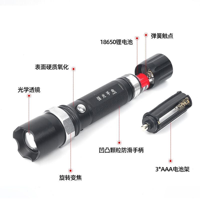Factory direct sales of led outdoor emergency charging zoom multi-functional aluminum alloy household high-intensity flashlight Specification image