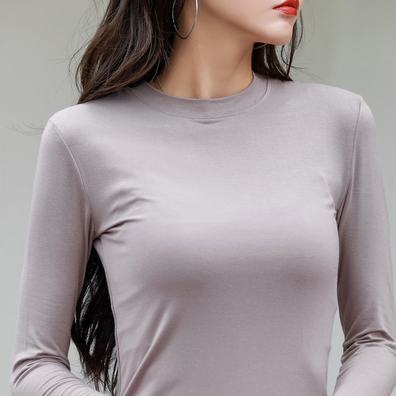2022春季新款韩版修身显瘦纯色圆领长袖T恤女士打底上衣一件代发详情图1