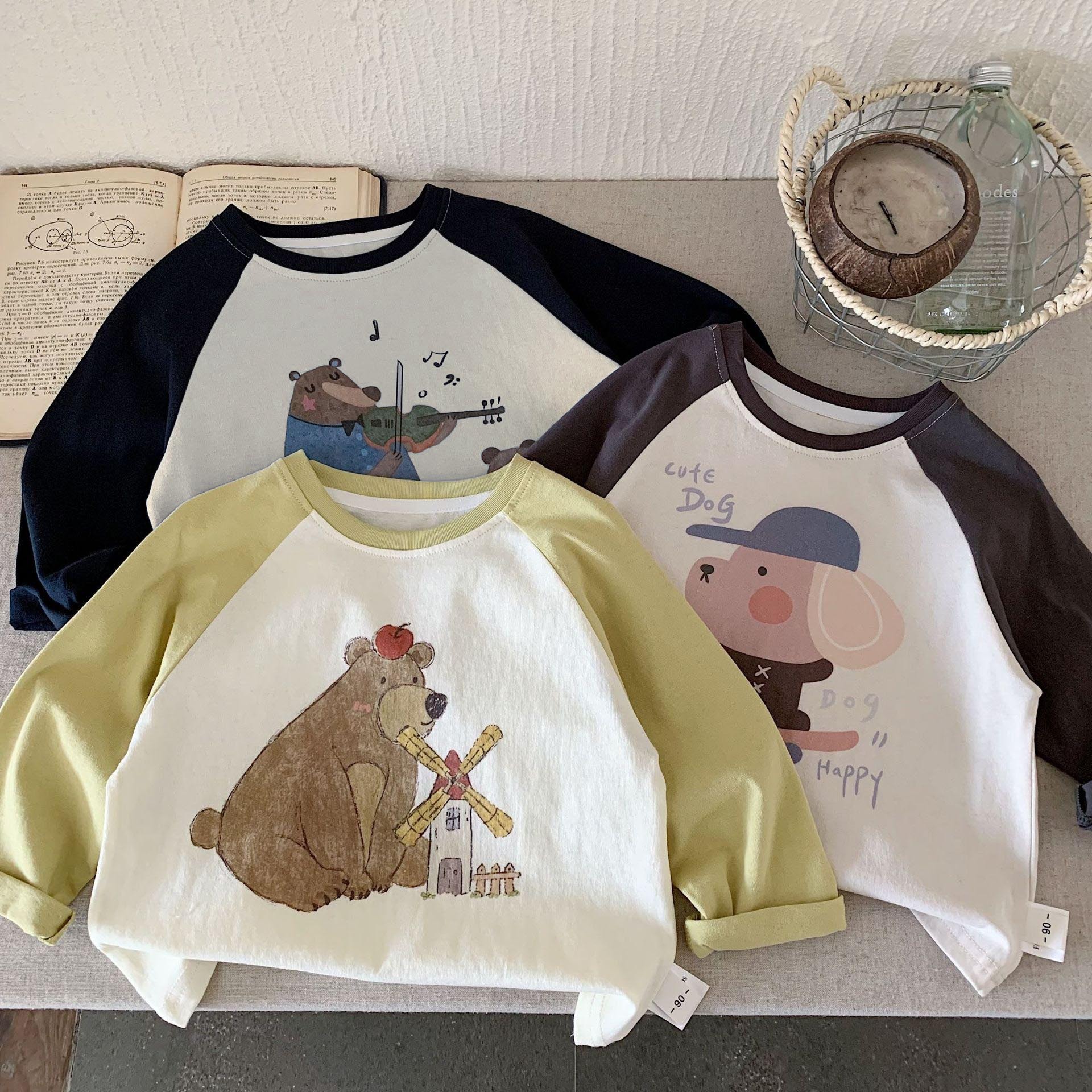 2025 Autumn/Winter Korean children's pure cotton cartoon color-blocking long-sleeved T-shirt, color-blocking shoulder sleeve base layer for boys and girls