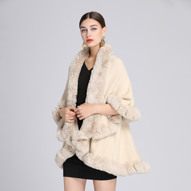 807# Europe And The United States New Autumn-Winter Imitation Rex Rabbit Fur Collar Cape Lady Large-Size Knitted Cardigan Loose Coat Woman Specification drawing