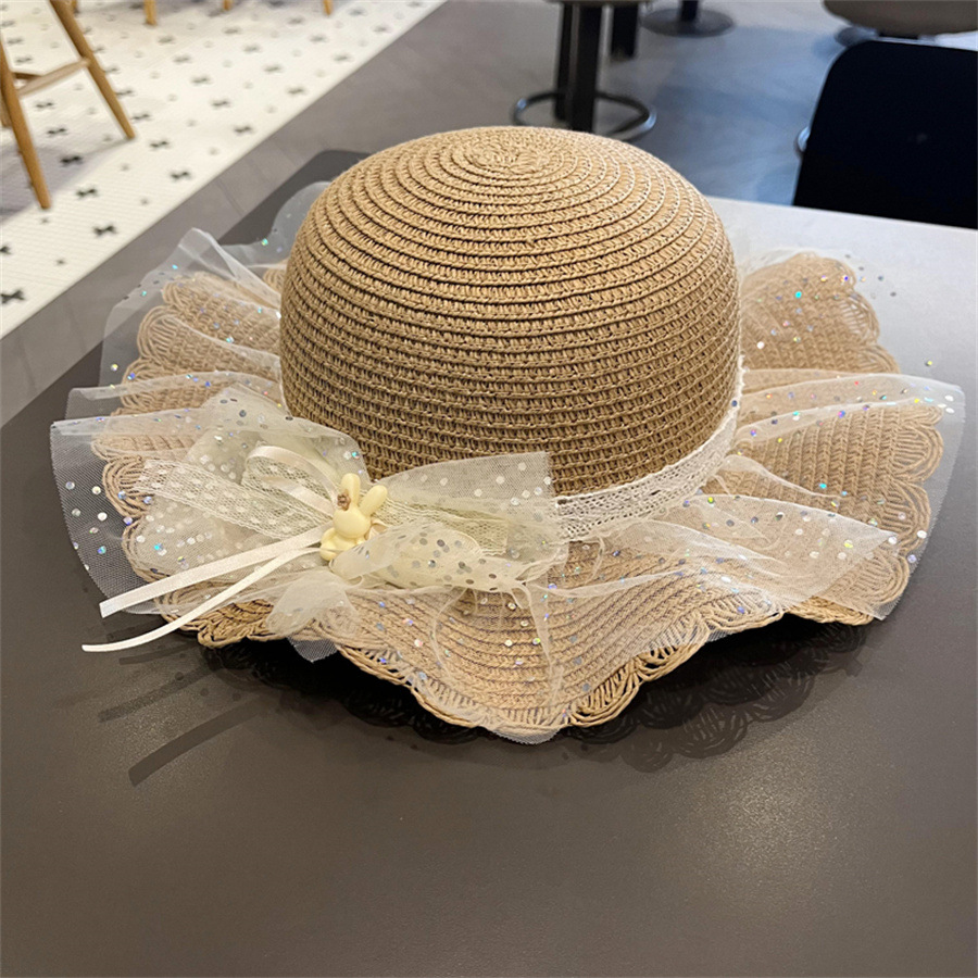 Children's sun protection hat Summer girls' sunshade straw hat bag set Girl baby fancy lace Princess beach hat