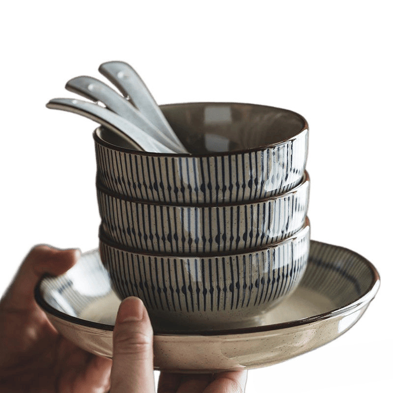 Bowl Home 2025 New High Appearance level retro Japanese tableware plate set, ceramic soup bowl, underglaze colored rice bowl Item Picture