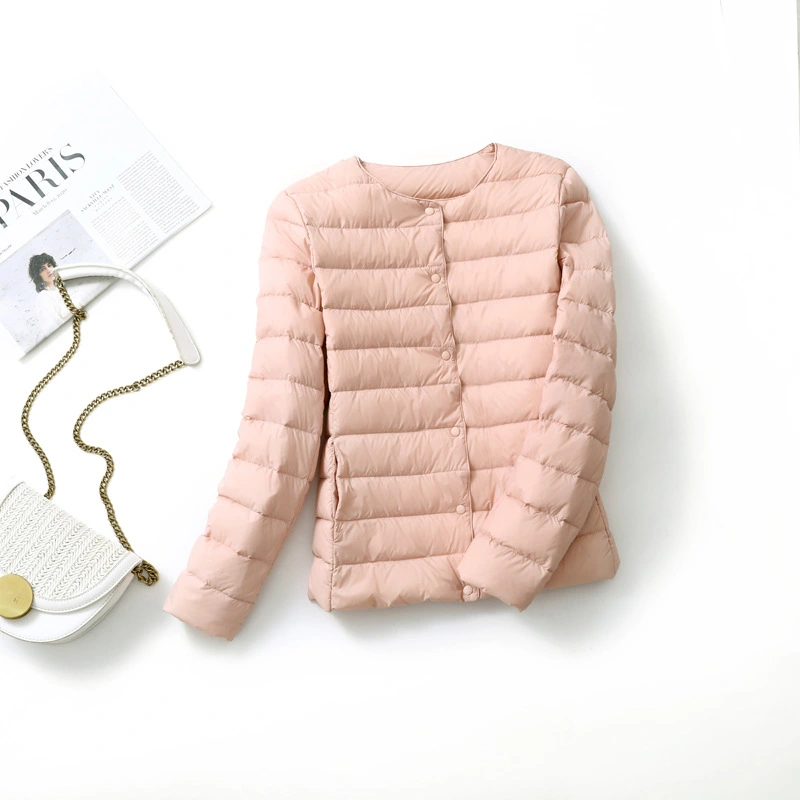 Light Down Jacket Women's Long Sleeve Coat Autumn And Winter Windbreaker Light Collarless Down Ball Suit Large Size Slim Short