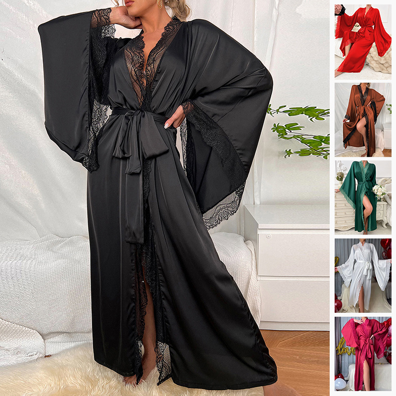 Custom-made satin long pajamas for women, light luxury long-sleeved cool bathrobes, bathrobes and home wear for women from the source factory, 336 full figure