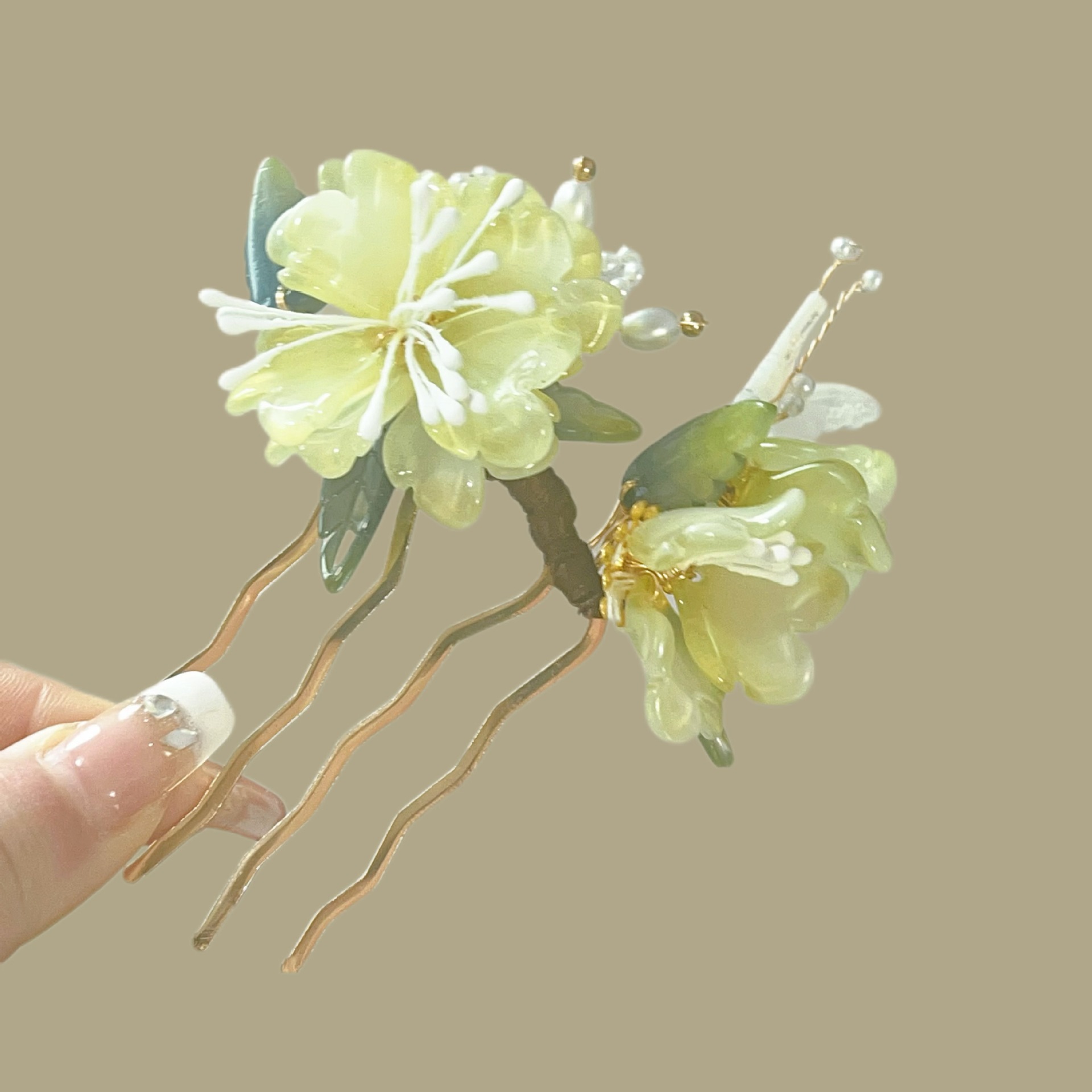 国潮国风古风绿色芍药发梳新中式缠花发饰头饰头花女汉服配饰插梳秀禾梳子产品图