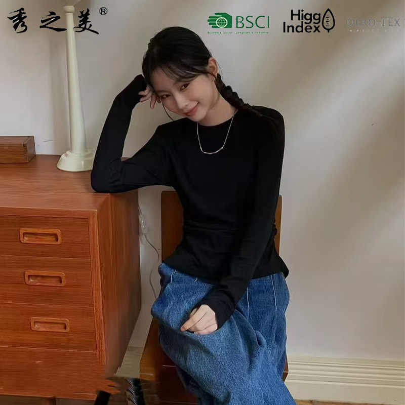 加绒发热纤维后开又露背褶皱打底衫长袖衫修身长袖休闲打底衫