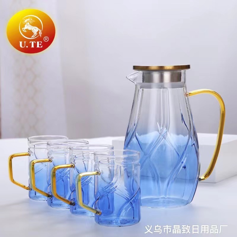 晶致热销高硼硅玻璃壶创意镀色不锈钢金色盖凉水壶1壶4杯套装