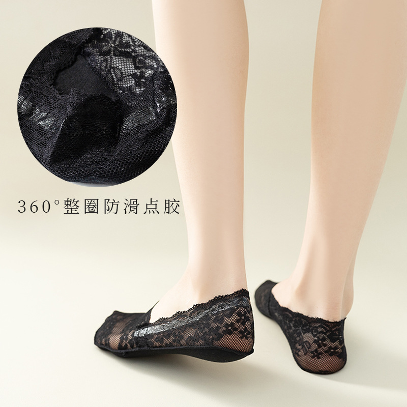 袜子地摊一件代发春夏深口船袜女 樱花蕾丝棉底一圈硅胶防滑隐形短袜子条纹浅wazi一件代发