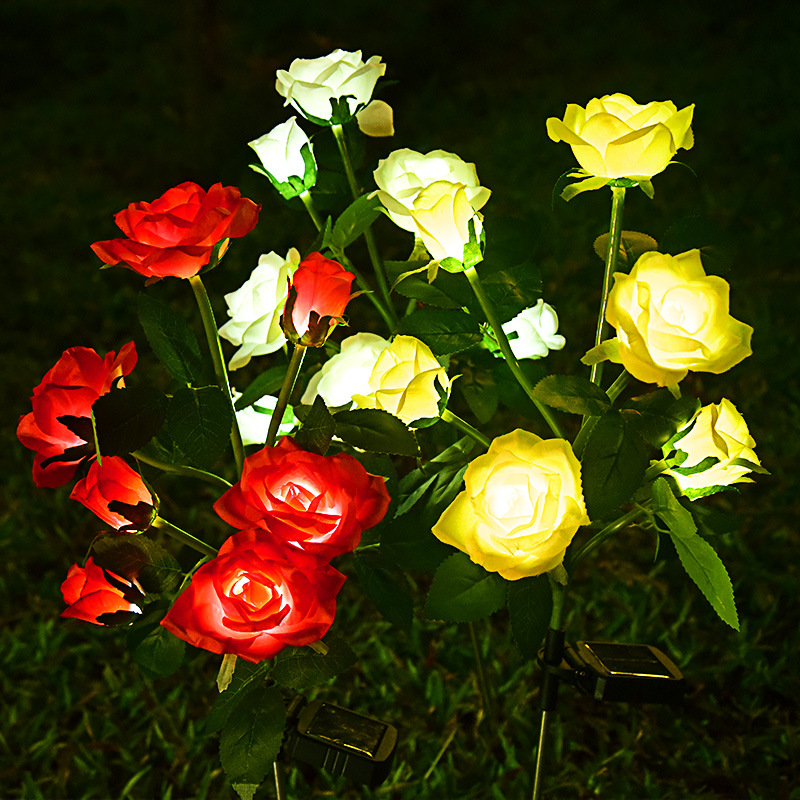 Solar rose flower lamp, stainless steel silk fabric 6-head 7-head LED simulation flower field insert lamp, courtyard decoration lawn lamp