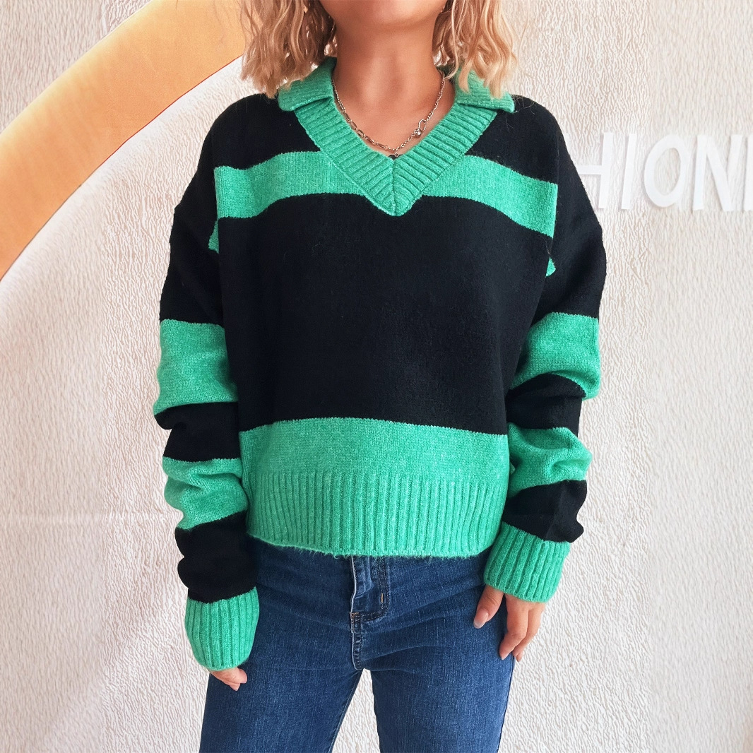2025 Cross-border Amazon Autumn/Winter New contrasting color striped knitted sweater, lapel commuter long-sleeved women's pullover details Picture