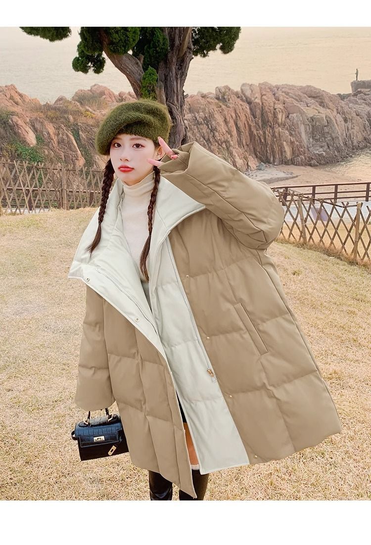 Aguacate verde pato blanco abajo PU piel abajo chaqueta para mujeres estilo mediano largo diseño de nicho sentido influencers estilo explosivo abrigo sin lavado pic 31