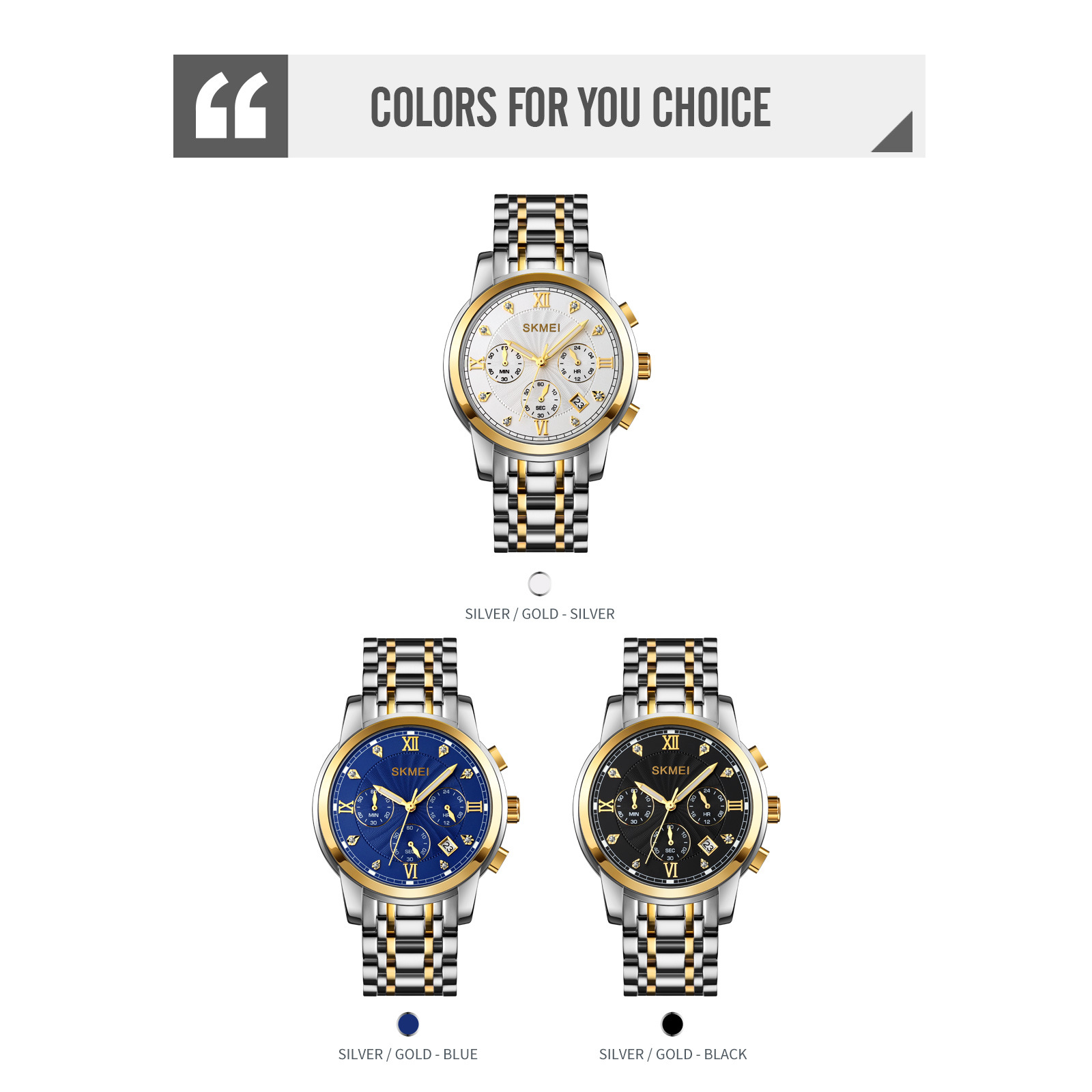Shike Mei six-hand multi-functional minute and second chronograph men's watch with solid steel band and simple diamond-encrusted men's wristwatch Specification image