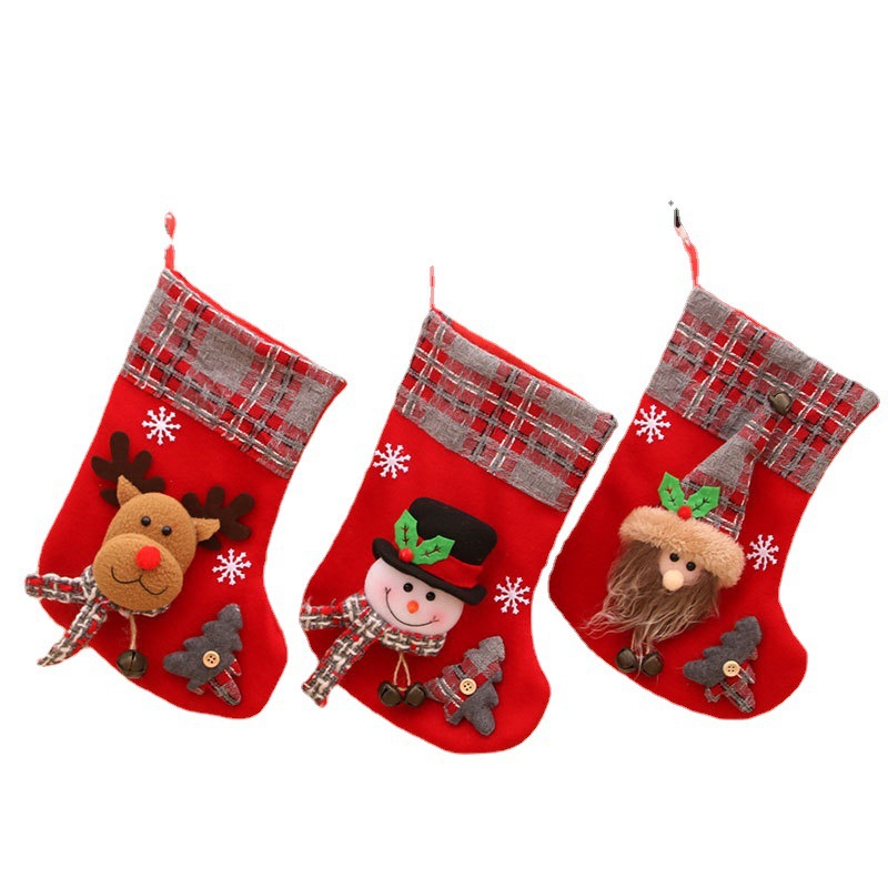 Cheung Chau Christmas New Medium Three-Dimensional Christmas Stocking Gift Bag Flannel Gingham Stocking With Bell Christmas Decorations Item Picture