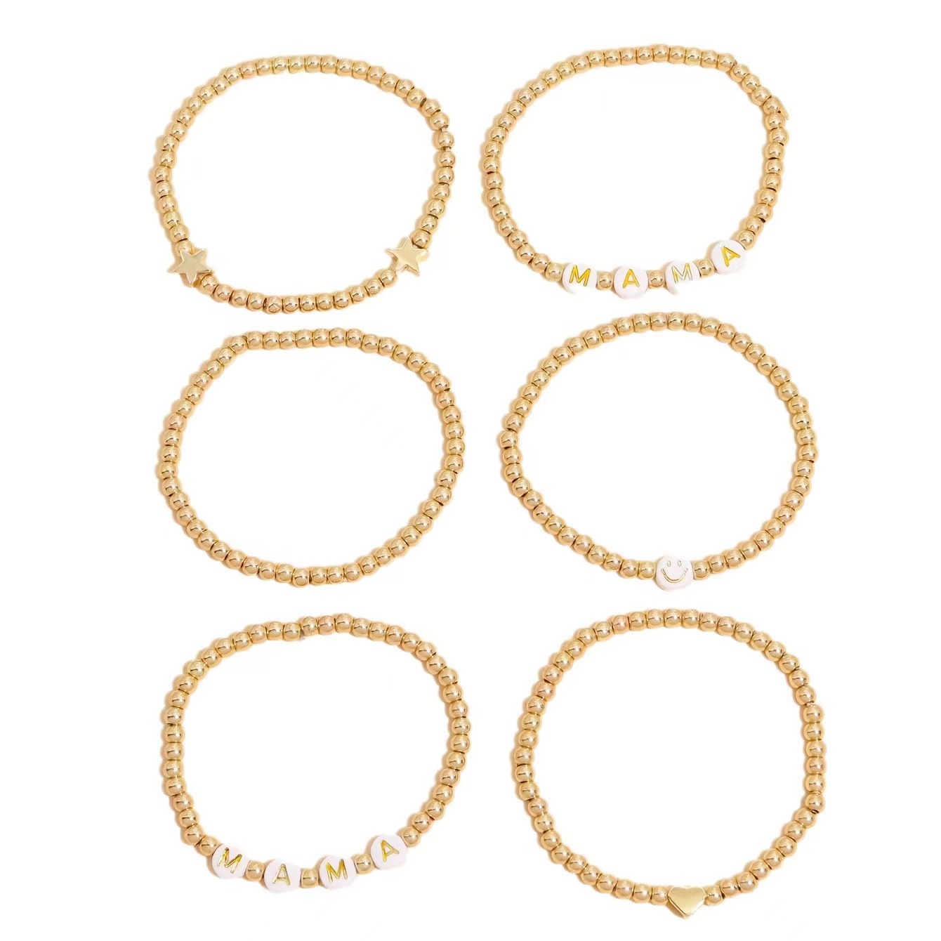 A cross-border best-selling acrylic gold letter MAMA heart gold bead beaded bracelet 6-piece set, suitable for Mother's Day bracelets Item Picture
