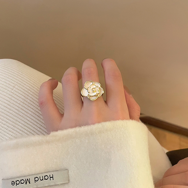 French camellia open ring for women, a retro, gentle and elegant index finger ring with a unique design and adjustable joint ring Item Picture