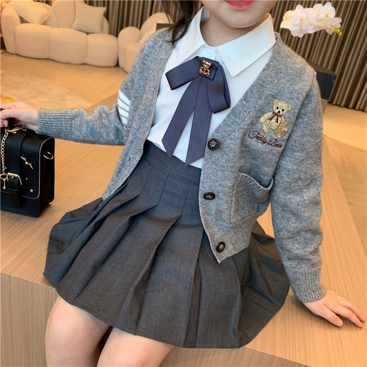 女童春秋2024新款儿童JK学院风制服套装白衬衣短裙开衫中大童套装