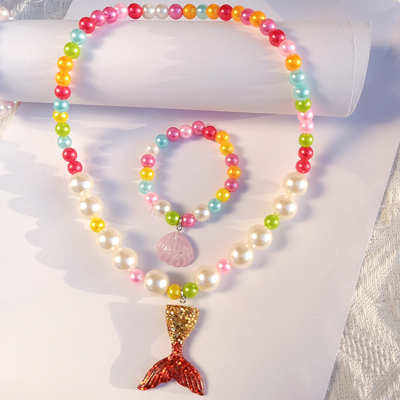 Wholesale of Marine shell bracelet, colorful fishtail necklace, gradient color pearl mermaid children's bracelet and necklace set Specification image