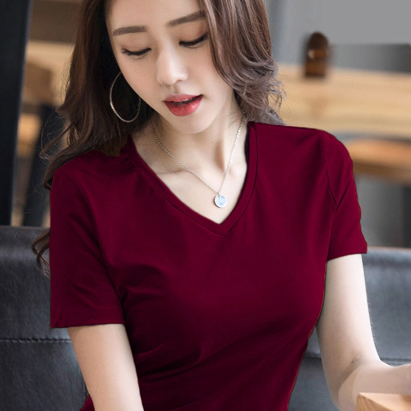 新款夏季V领短袖T恤韩版潮流性感气质打底衫纯色宽松女士体恤衫
