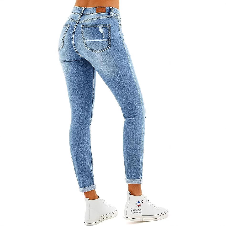 2025 New Amazon cross-border European and American fashion low-waisted stretch small-footed ripped denim long pants for women in stock Application Scenario
