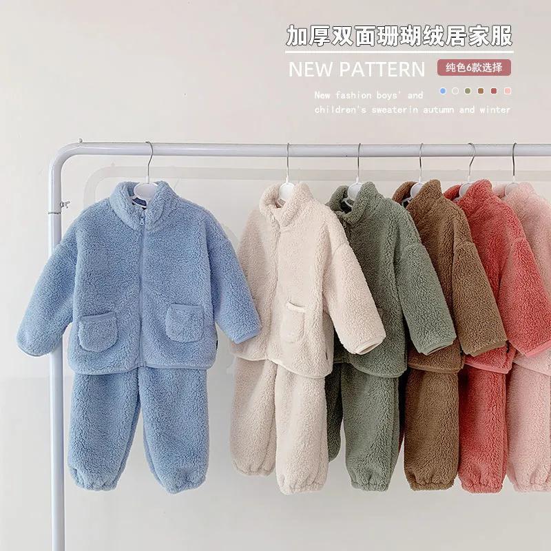 Children's Autumn And Winter Winter Clothing For Boys And Girls With Cashmere Thickened Warm Foreign Style Homewear Two-Piece Children's Pajamas Set