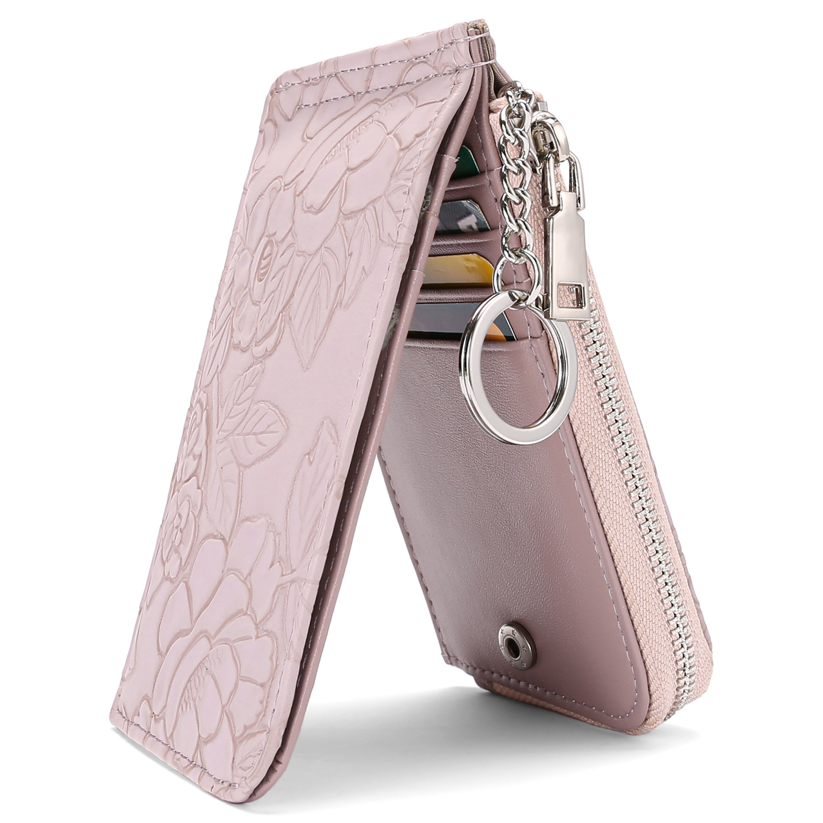 跨境拉链卡包压花设计大容量多卡位卡套女士零钱包带锁匙环8856