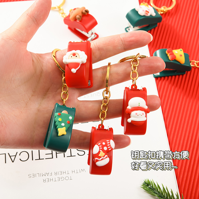 Christmas cute cartoon mini stapler, student small stapler with keychain, Christmas small gift binding machine details Picture