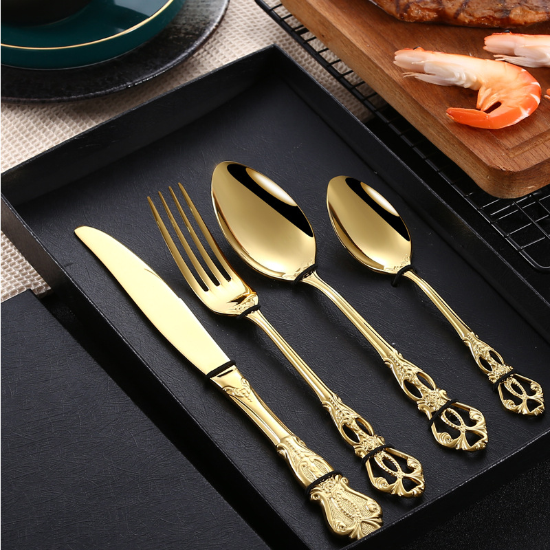 304 stainless steel knife, fork and spoon Western tableware Creative Imperial Court retro relief steak knife, fork and spoon four-piece set gift box Application Scenario