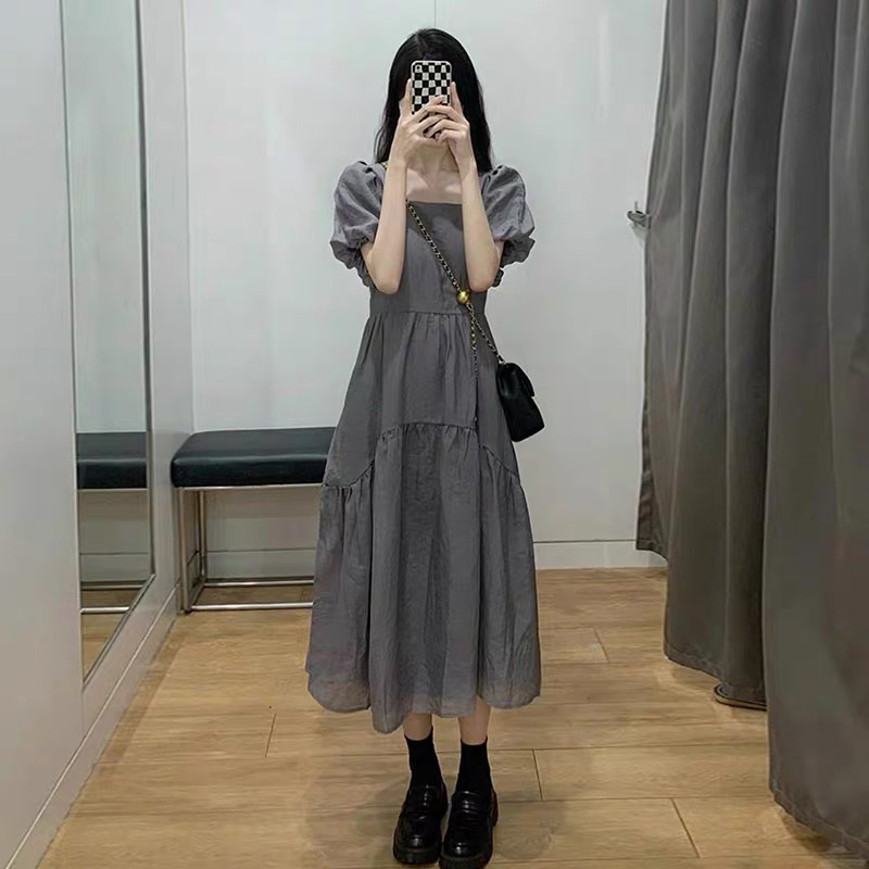 小个子公主风灰色茶歇裙2023年夏季新款褶皱设计感韩版chic连衣裙图