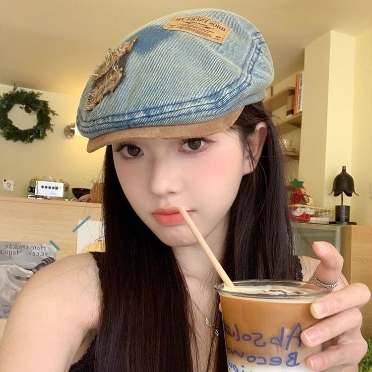 Washed denim forward Beret, new versatile, retro, big head circumference to show off your face, Bud Painter hat, octagon Specification image